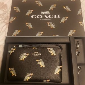 New Coach Box Corner Zip Wristlet Whimsical party animal, an owl with a martini.